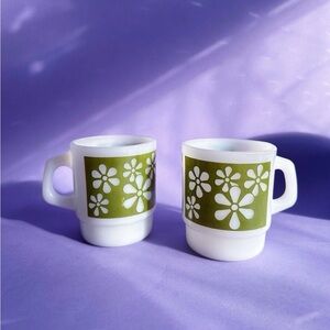 Anchor Hocking Fire King Mugs Green Flowers Milk Glass Lot Of (2) Great Cond